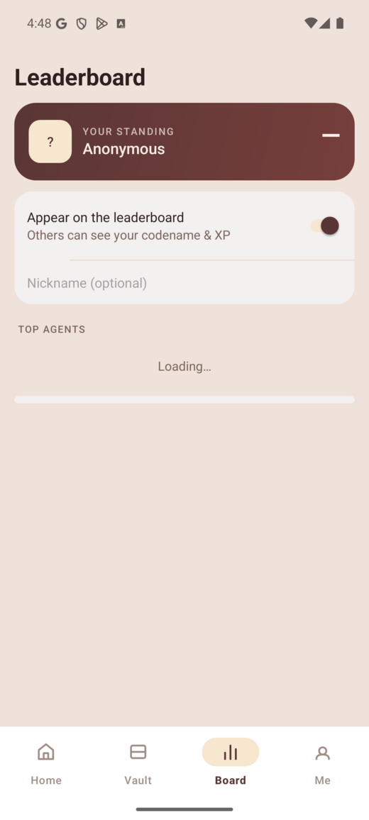 The Board tab with the appear-on-leaderboard toggle and a nickname field