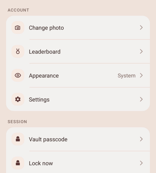 The Me tab settings rows, including Vault passcode and Lock now