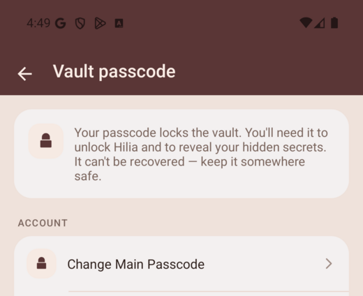 The Vault passcode screen explaining that the passcode locks the app